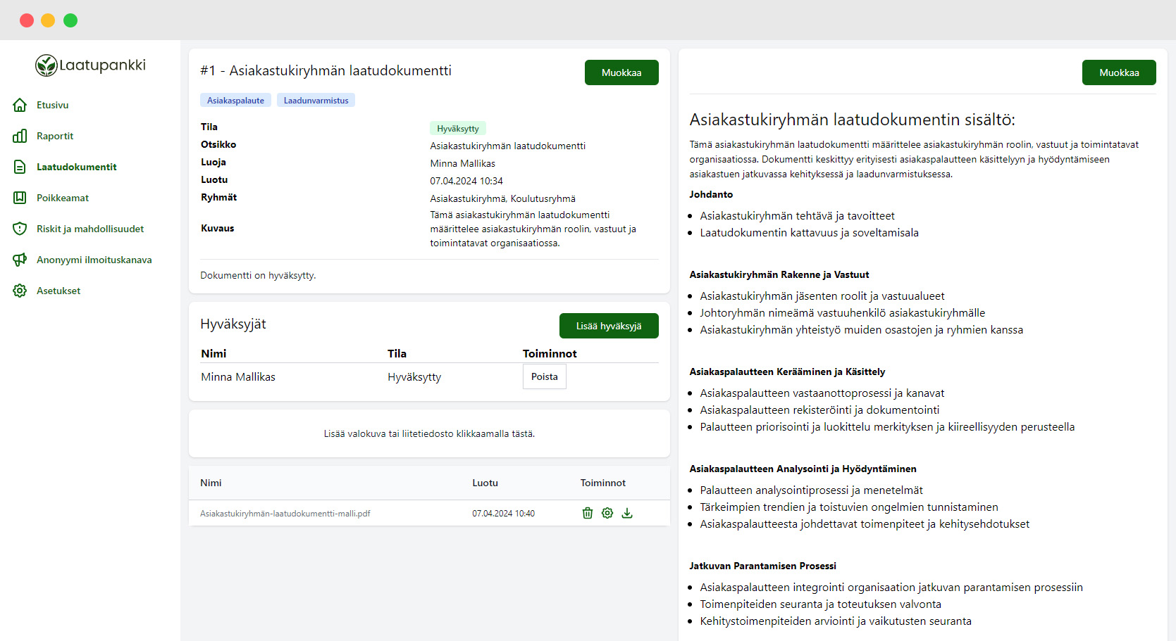 Kuvankaappaus Laatupankin ohjelmiston laatudokumentista
