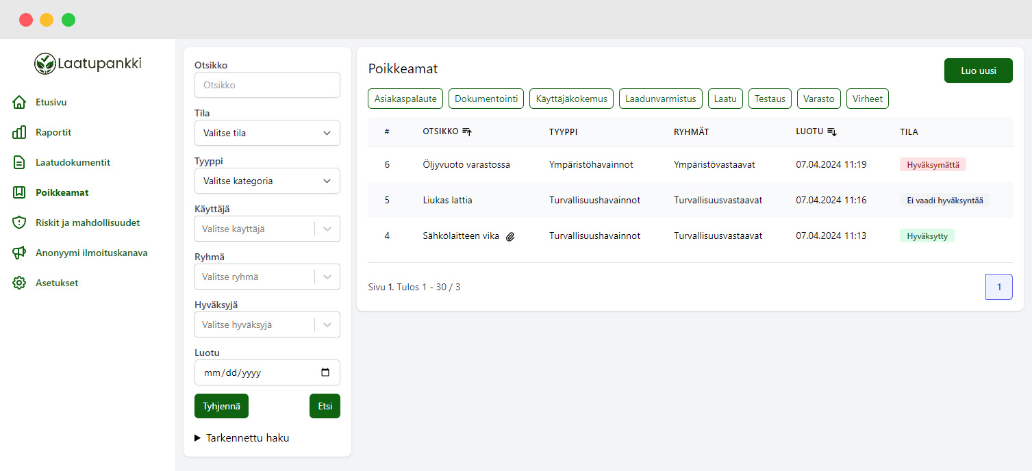 Kuvankaappaus Laatupankin ohjelmiston poikkeama sivusta